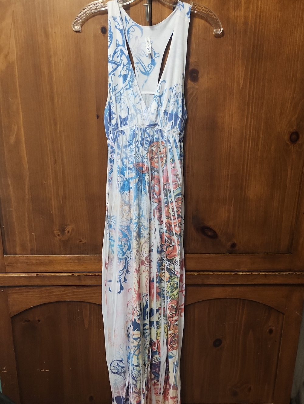 Full Tilt Floral Watercolor Halter Maxi Dress in Blue, Pink, Yellow Flowy Prints